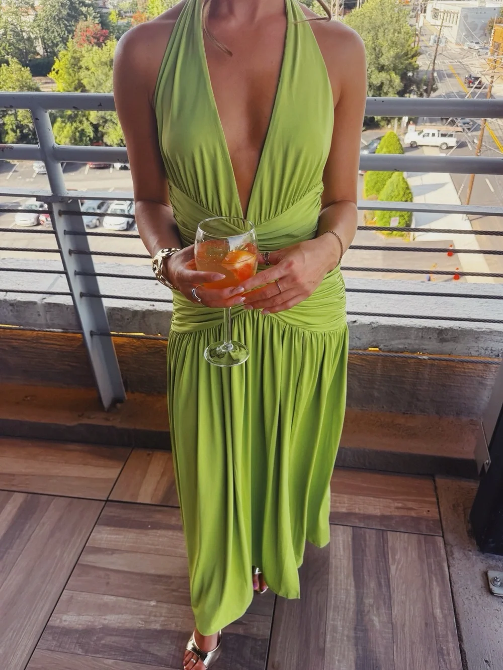 Lime Halter Backless Evening Gown with High Slit - Picture 4 of 4